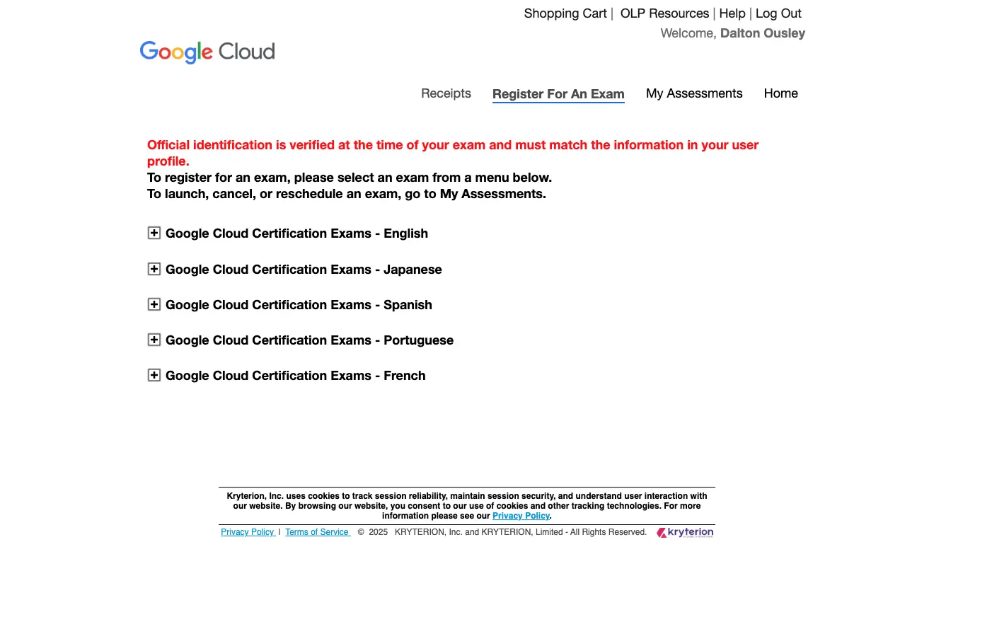 Kryterion/Webassessor platform showing list of Google exams to choose from