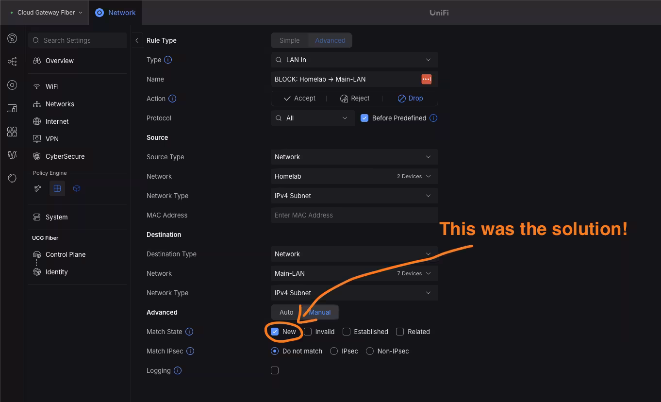 UniFi firewall rule details showing advanced match state options